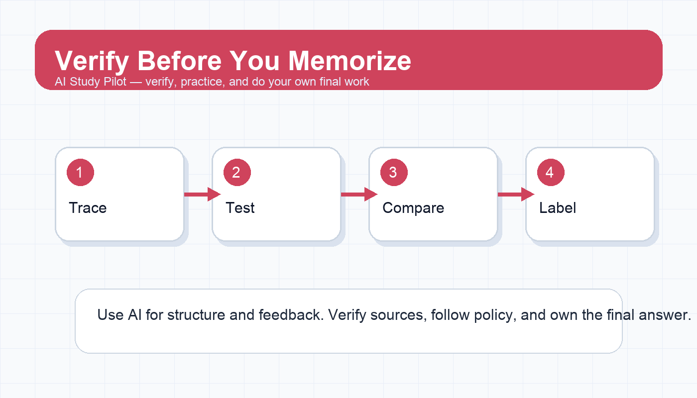 Checklist diagram showing AI answer verification through source trace, example test, contradiction check, and confidence label