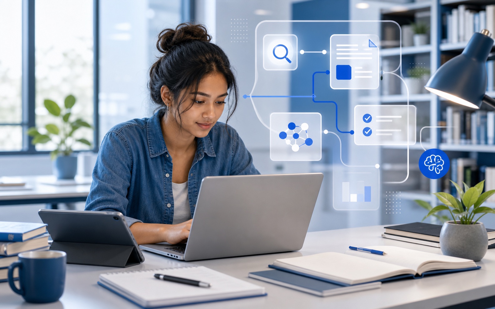 Student researching AI study tools on a laptop with natural device geometry and clean workflow graphics