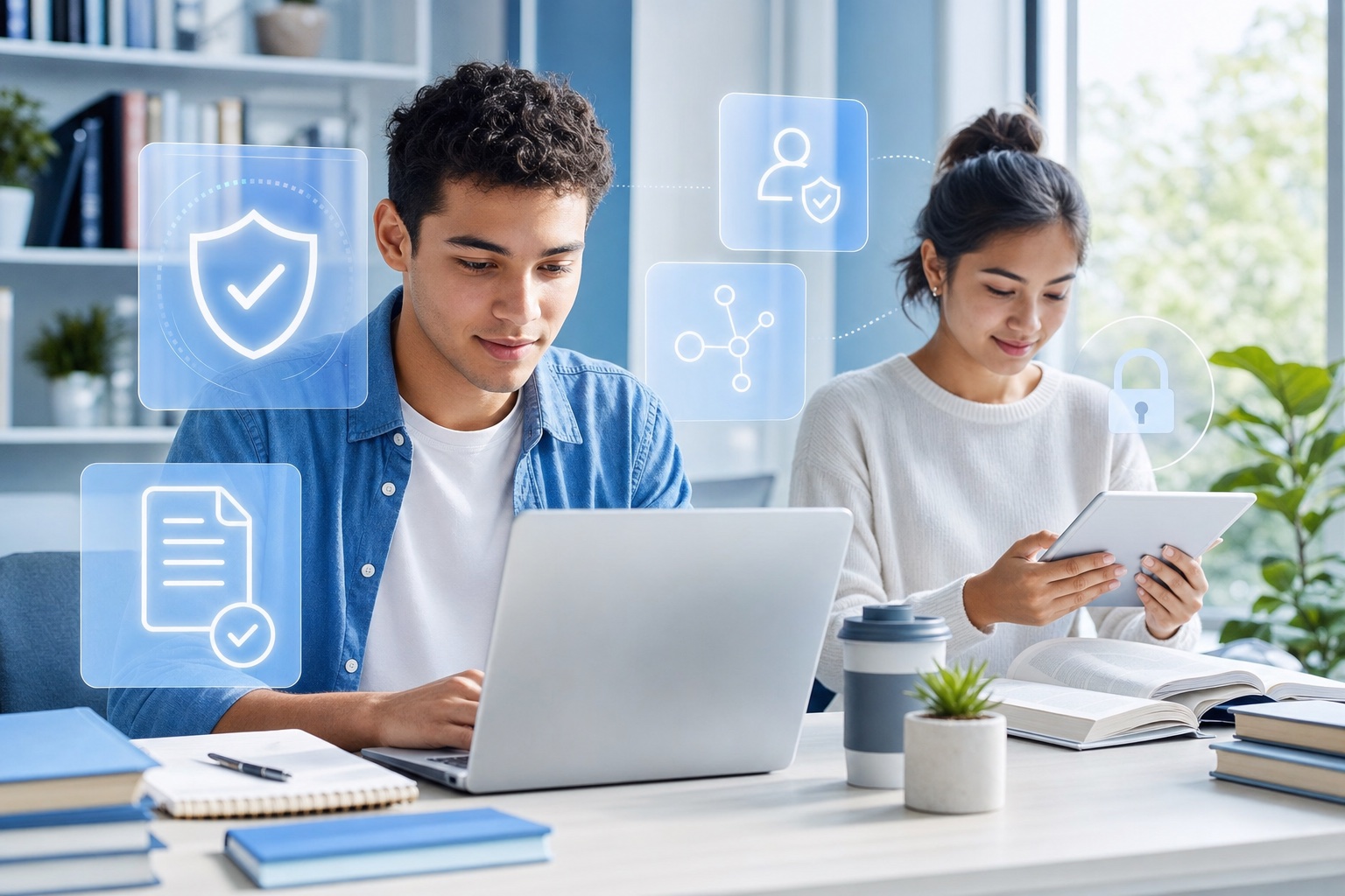 Student using AI responsibly for study support in a calm workspace