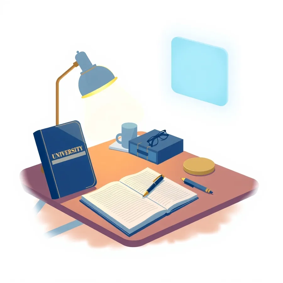 A lit desk lamp over an open handwritten notebook and a university book on a study desk