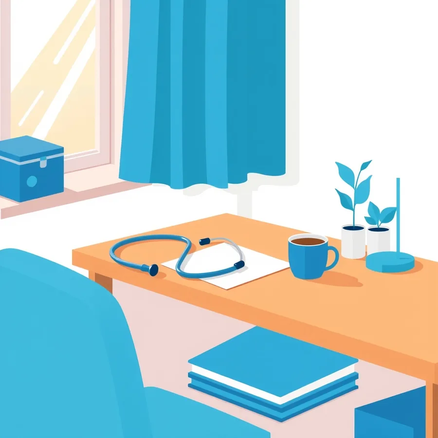 A stethoscope and a coffee mug on a wooden desk beside two small potted plants, with a stack of books underneath and morning light through a window
