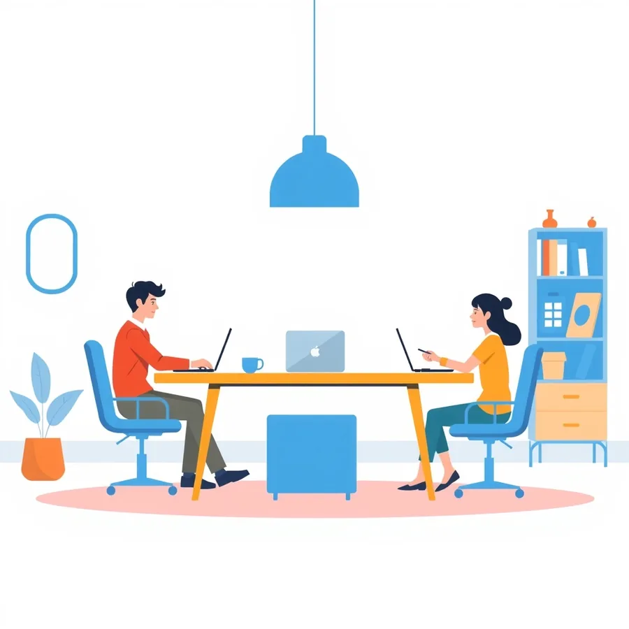 A calm student and a teacher talking across a desk with a laptop between them, a balanced scale pictured above