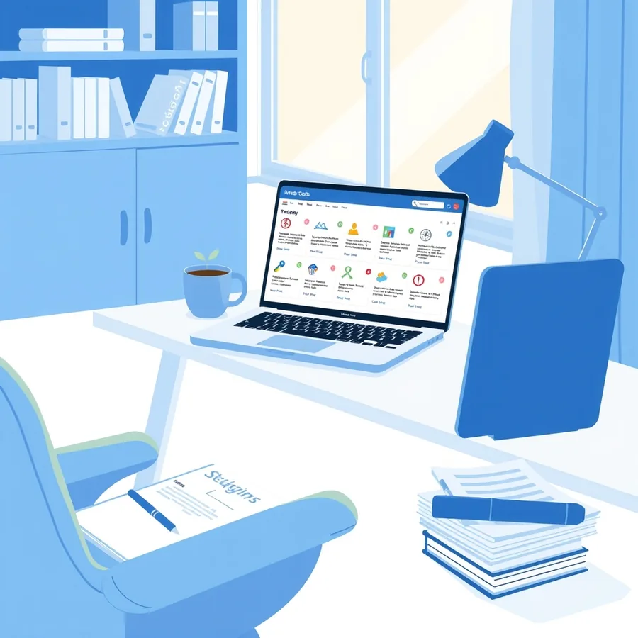 A laptop showing a study dashboard of topic cards marked strong and needs work, beside a stack of lecture handouts
